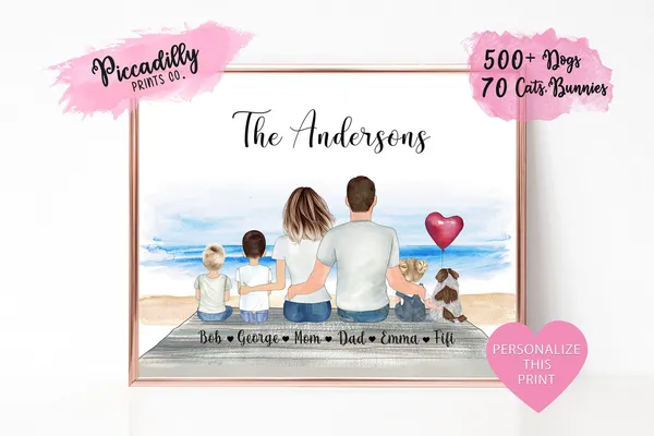 Custom Family Portrait With Pet, Personalized Print