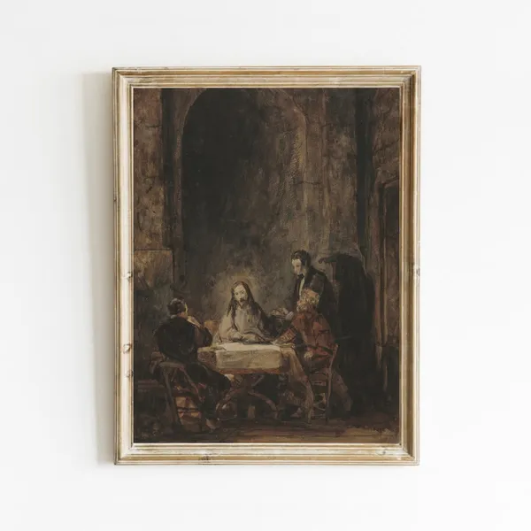 Christ At Emmaus Vintage Oil Painting Art Print