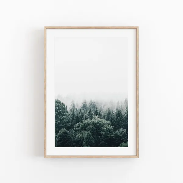 Forest Pine Trees in Fog, Minimalist Art Print