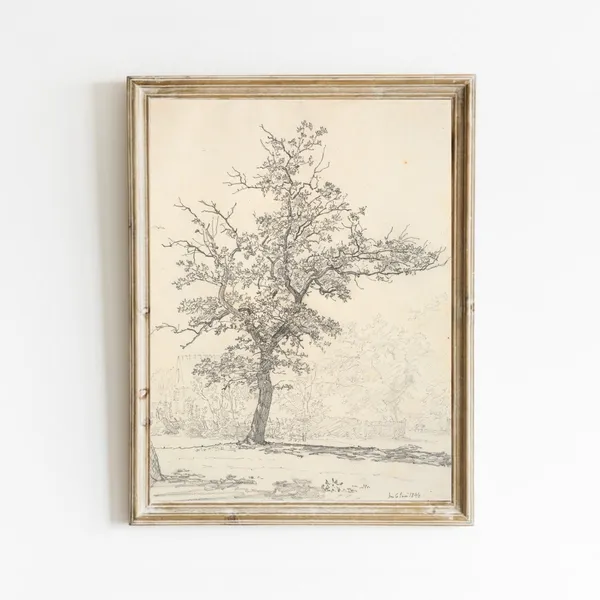Vintage Tree Sketch, Neutral Landscape Art Print