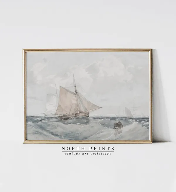 Vintage Muted Blue Coastal Watercolor Sailing Art Print