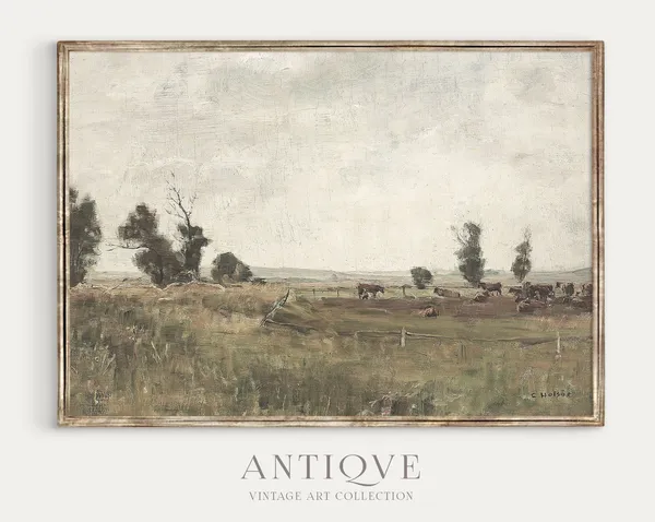 Vintage Cattle Oil Painting, Farmhouse Decor