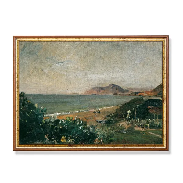 Vintage Coastal Seascape Landscape Painting, Rustic Decor