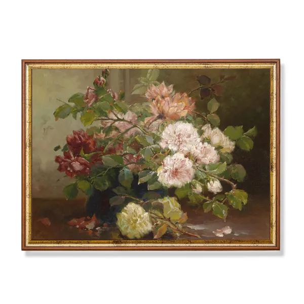 Vintage Still Life With Flowers, Farmhouse Art Print