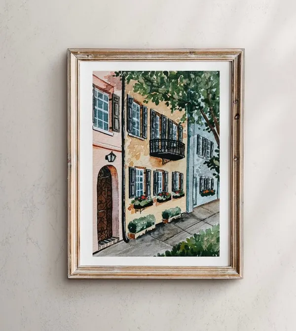 Charleston SC Rainbow Row Watercolor Landscape Art Print