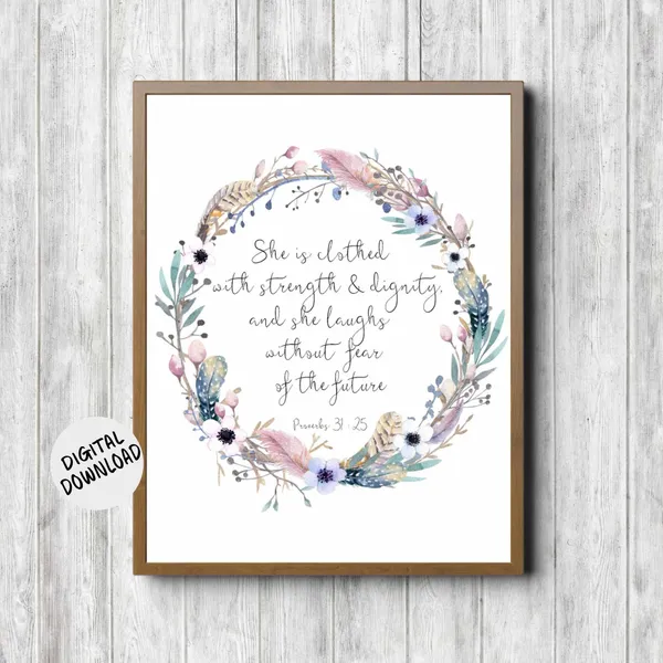 Proverbs 31:25 Bible Verse Watercolor Wreath Art