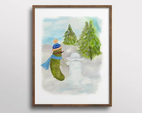 Whimsical Pickle in a Santa Hat Art Print