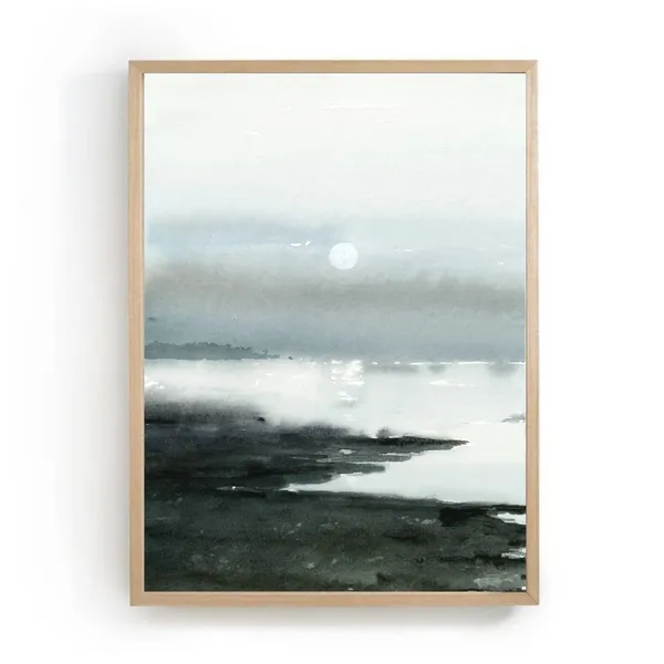 Moon Shine Sea Watercolor Art Print, Minimal Coastal Decor