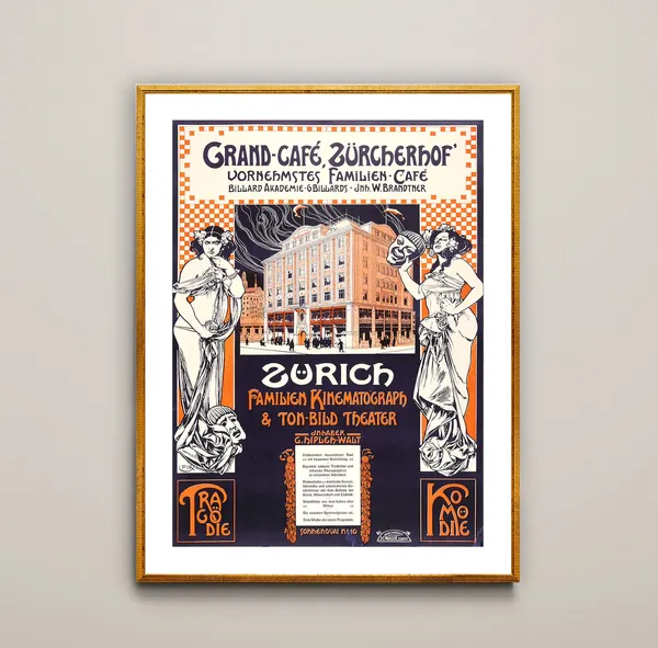 Grand Cafe Zrcherhof Zurich Vintage Travel Poster