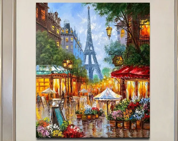 Colorful Paris Street Scene, Eiffel Tower Wall Art Print