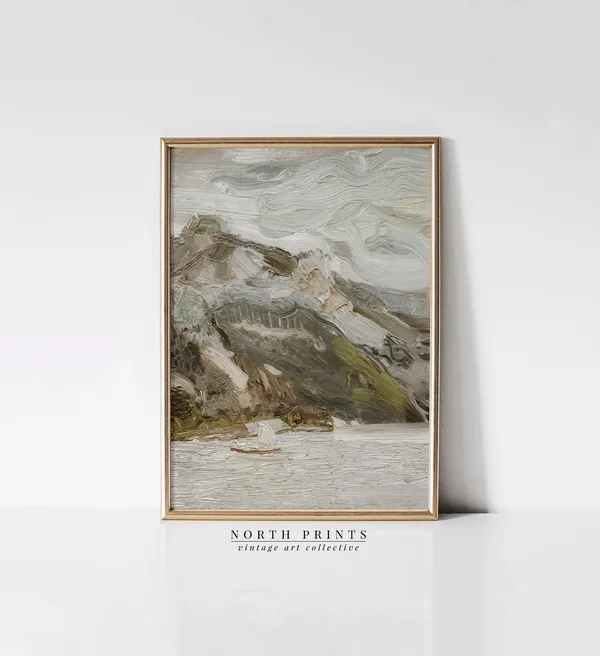 Neutral Green Coastal Painting, Vintage Seascape Art Print