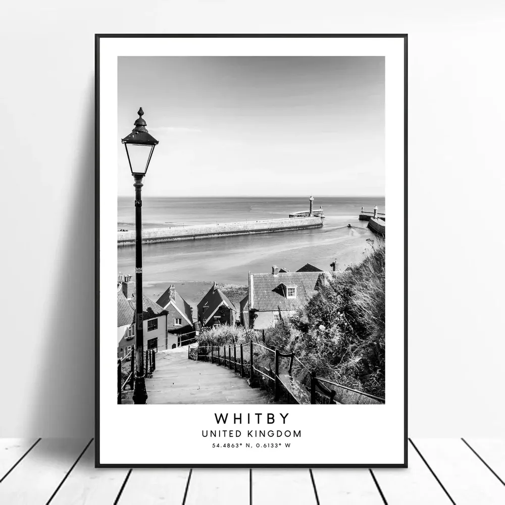 Whitby Travel Poster, Black and White Coastal Town