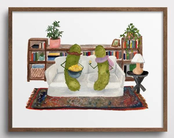 Whimsical Pickles Watching TV Art Print