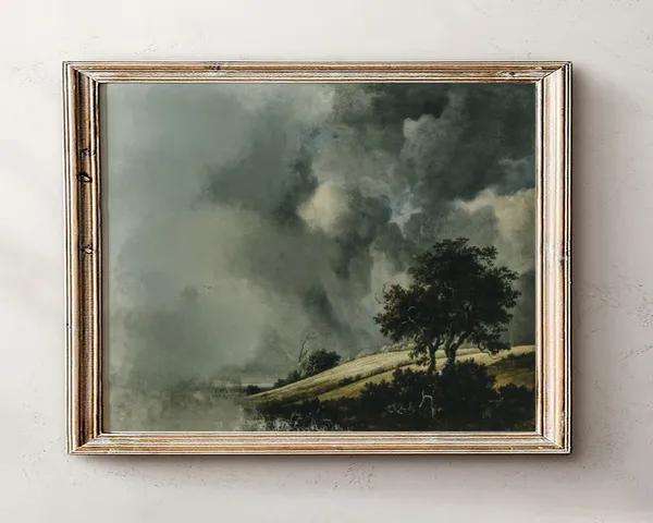 Surreal Landscape Oil Painting, Vintage Hill Collage