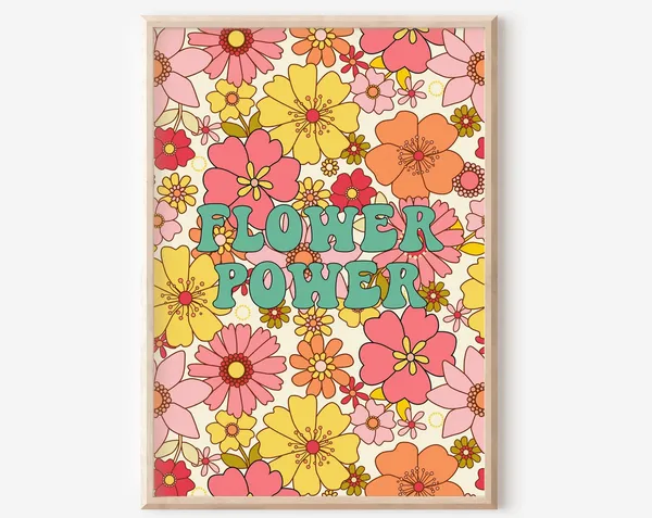 Retro Flower Power Floral Art Print, Boho 70s Style
