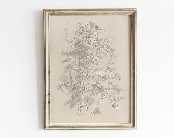 Vintage Floral Sketch Botanical Art Print, Antique