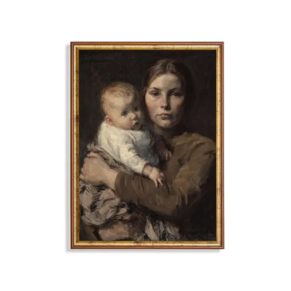 Vintage Mother and Child Portrait Art Print, Rustic