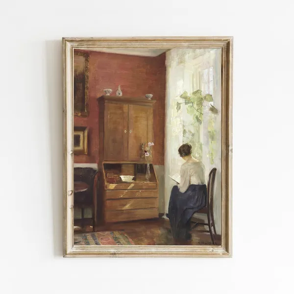 Antique Woman Reading, Vintage Oil Painting Print