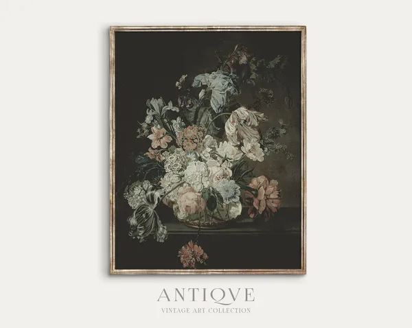 Moody Floral Oil Painting Vintage Art Print