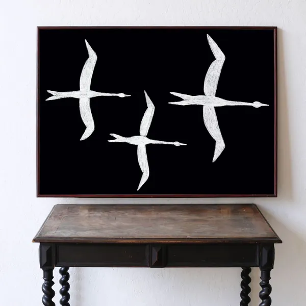 Flock Of Birds Black And White, Mid-Century Art Print