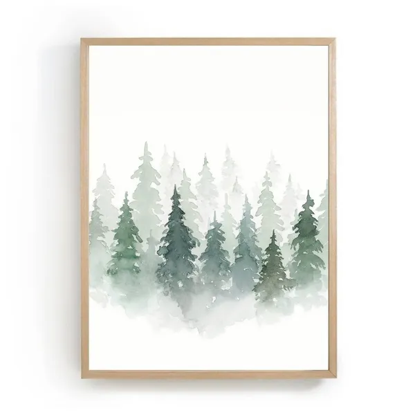 Pine Tree Watercolor Print, Foggy Winter Landscape