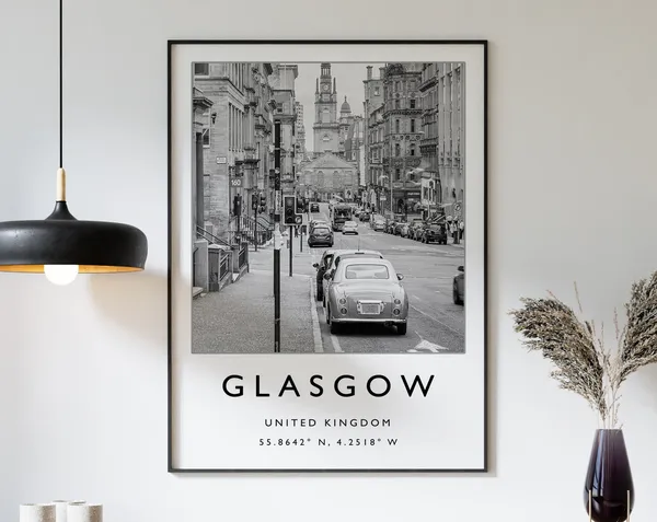 Glasgow Scotland Travel Poster, Black And White Art Print