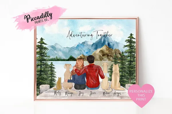 Custom Couple Print With Dog, Personalised Portrait