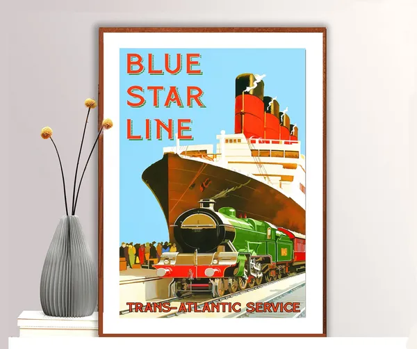 Blue Star Line Trans Atlantic Service Vintage Travel Poster