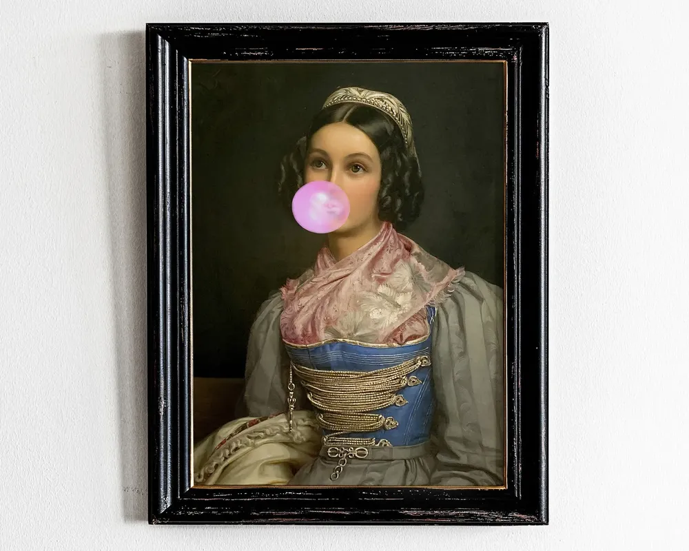 Bubblegum Portrait Art Print, Eclectic Baroque Decor