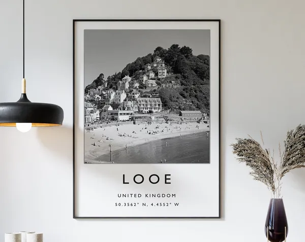 Looe Cornwall Travel Poster, Black and White Coastal Print
