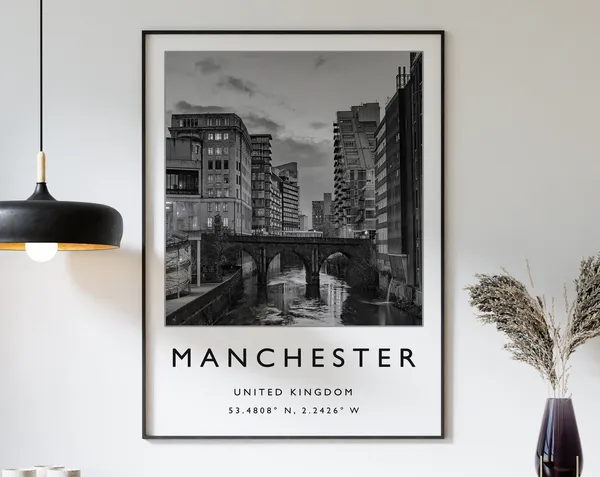 Manchester Travel Poster, Black and White City Art