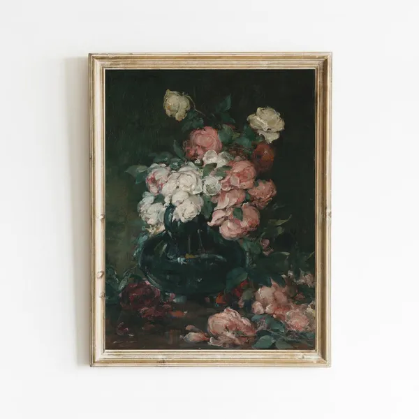 Vintage Rose Still Life, Moody Floral Art Print