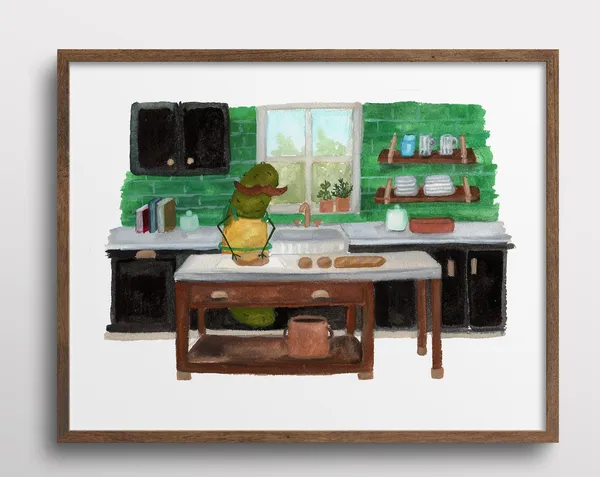 Whimsical Pickle With A Mustache Watercolor Art Print