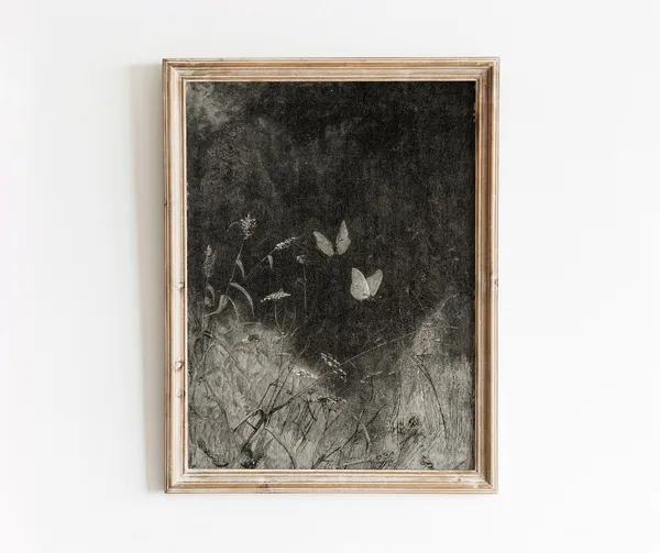 Butterfly Etching Vintage Art Print, Moody Dark