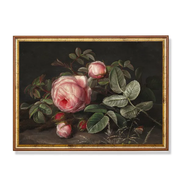 Vintage Still Life With Pink Roses, Floral Art Print