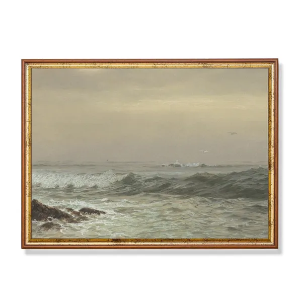 Vintage Seascape Painting, Antique Ocean Beach Art Print