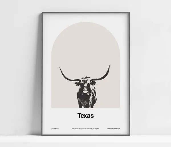 Texas Longhorn Arch, Minimalist Texas Travel Poster
