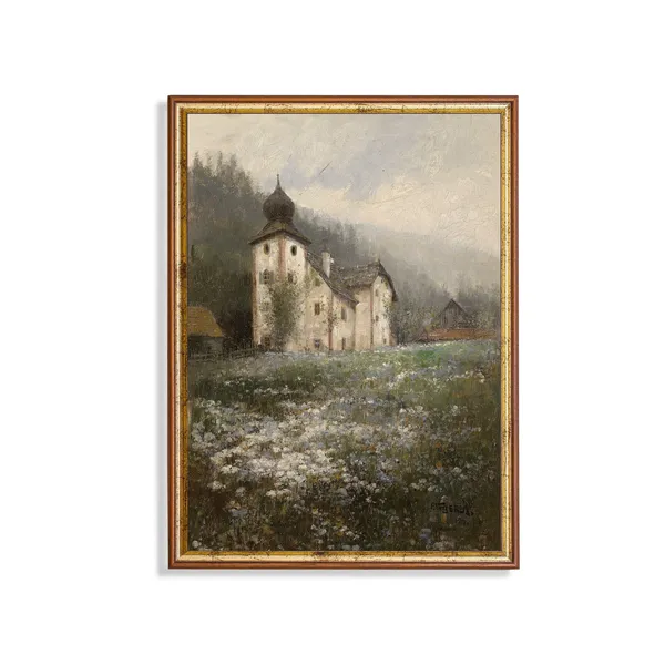 Church On The Hill Vintage Landscape, Farmhouse Art Print