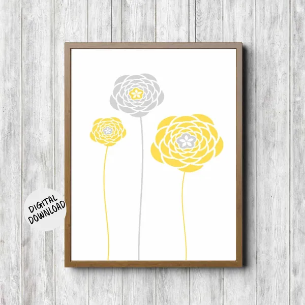 Yellow and Gray Flowers Nursery Kids Room Art Print