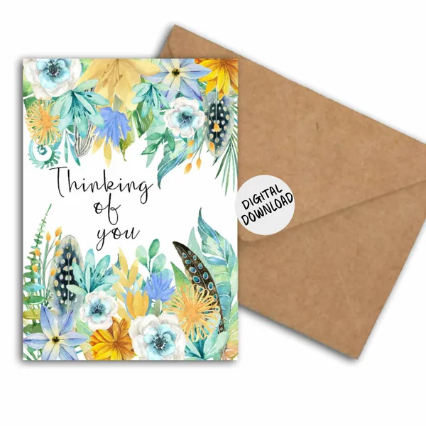 Thinking Of You Watercolor Flowers and Feathers Card