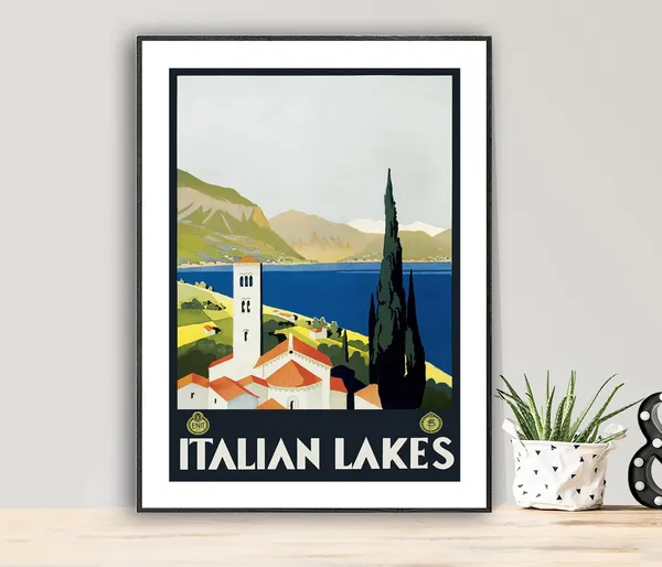 Italian Lakes Vintage Travel Poster, Wall Decor