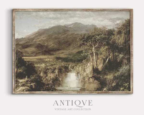 Vintage Waterfall Landscape Antique Oil Painting