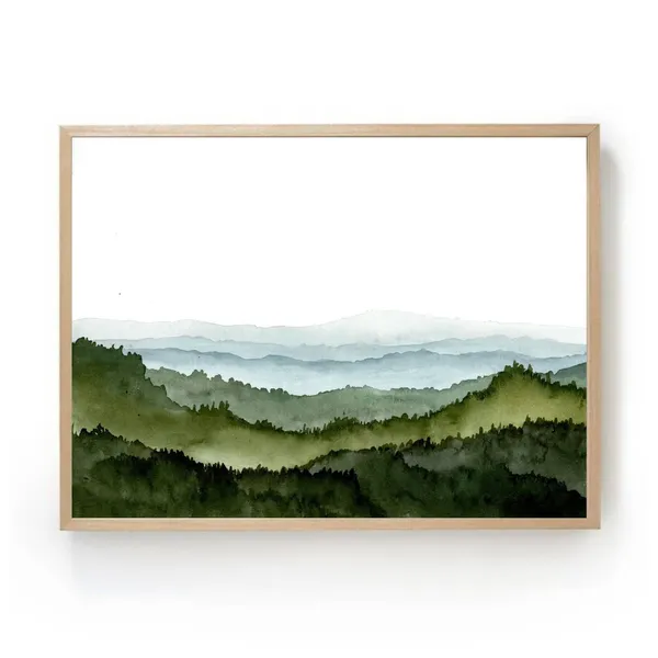 Teal Forest Mountain Valley Watercolor Art Print
