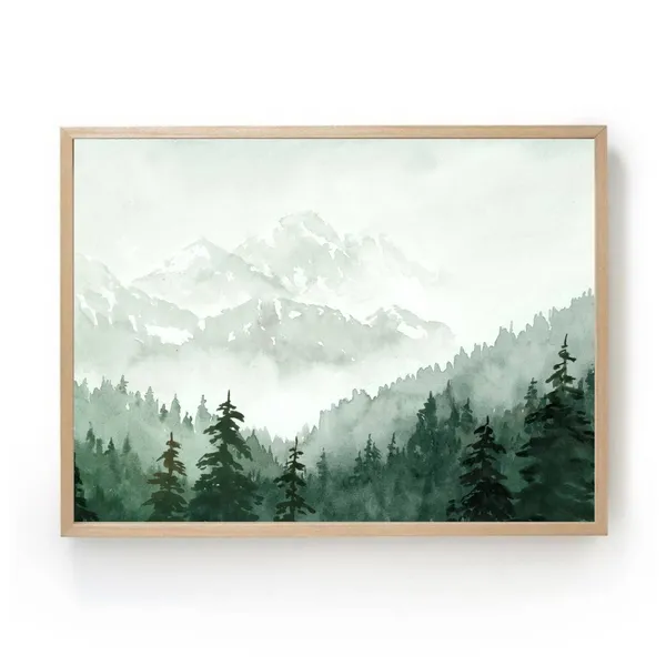 Foggy Mountains Watercolor Painting, Panoramic Landscape