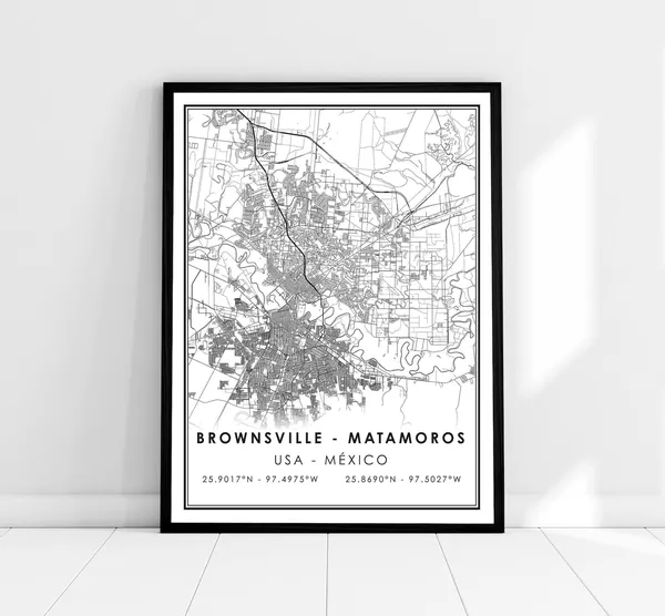 Brownsville Map Print, Matamoros to Mexico City
