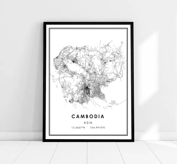 Cambodia Country Map Travel Poster, Road Map Print
