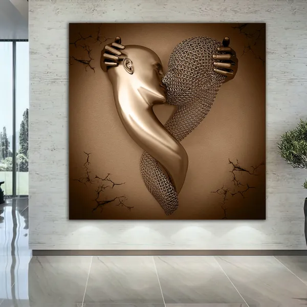 Kissing Love Couples Bronze Glitter 3D Effect Art Print