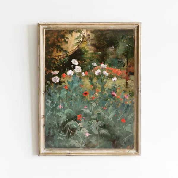 Poppy Flower Painting, Antique Meadow Landscape