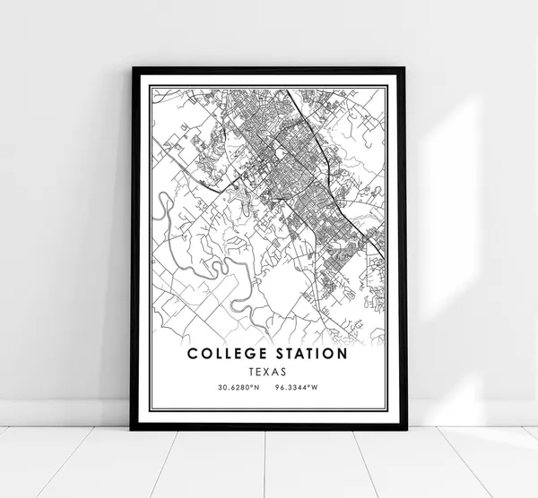 College Station Map Print, Texas City Travel Poster
