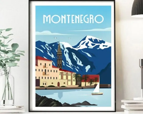 Montenegro Retro Travel Poster, Romantic Wall Art